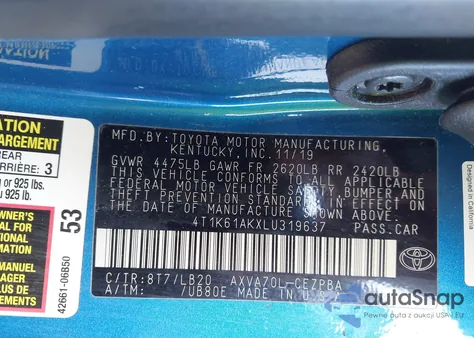 2020 Toyota Camry Xse from USA, damaged, VIN 4T1K61AKXLU319637